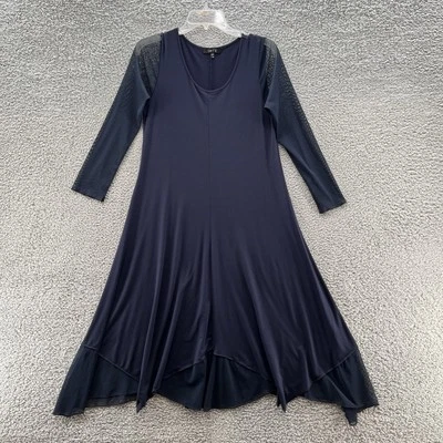 Comfy USA Dress Small Navy Knit Stretch Jersey Relax Lagenlook Flowy Sheer Midi - Image 1 of 4