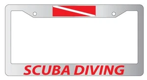 Chrome License Plate Frame SCUBA DIVING (RED) w/FLAG Auto Accessory - Picture 1 of 1