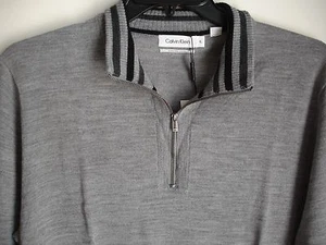CALVIN KLEIN Gray Long Sleeve 1/3 Zip Pullover Washable Merino Wool Sweater XL - Picture 1 of 9