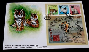 NEW ZEALAND 1998 CATS,YEAR OF THE TIGER MINIATURE SHEET ON FIRST DAY COVER - Picture 1 of 1