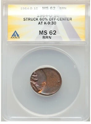 ER009 1964-D 1C Lincoln Cent -- Struck 60% Off Center -- ANACS MS62RB - Image 1 of 2