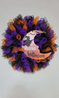 CORONA DE BIENVENIDA HALLOWEEN Deco Malla Puerta Delantera Decoración de Pared Negro Púrpura Foto 1 de 4