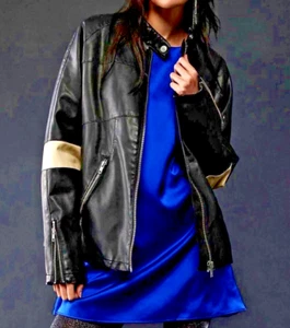 Free People We The Free Size S Ryder Sport Vegan Moto Jacket Black Cream Stripe - Picture 1 of 15