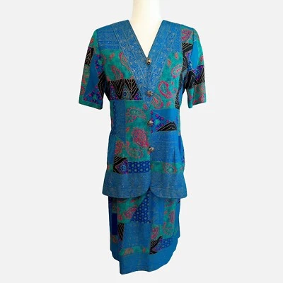 VTG 80s Lady Carol Set of 2 Skirt & Button Front Blouse 10 Petite Paisley Blue - Image 1 of 4