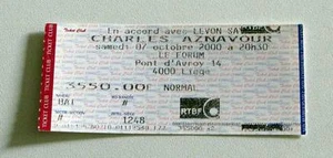 CHARLES AZNAVOUR rare billet ticket concert Belgique Liège 07/10/2000  - Picture 1 of 1