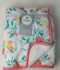 NWT Carters Pink Yellow Orange White Floral Flower Velour Sherpa Baby Blanket - Picture 1 of 5