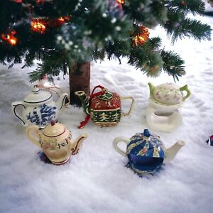 Cloisonné Hanging Teapot Ornament and Lot of Teapot Napkin Holders Lot of 5