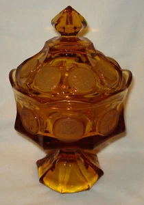 Moneta vintage Fostoria vetro ambrato piedi stelo 8 1/2” composta caramelle con coperchio - Foto 1 di 3