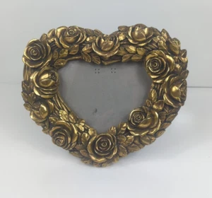 Vintage Chalkware Heart Shaped Picture Frame 3D Roses Gold Tone w/ glass vtg - Picture 1 of 15