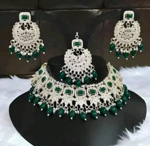 Bollywood Green Jewelry Kundan Silver Touch Rajwadi Heavy Necklace With Earring - Picture 1 of 2