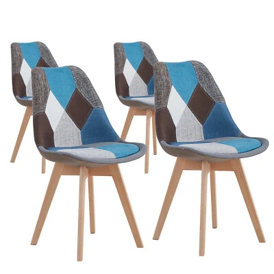 Juego de 4 Sillas Patchwork Silla de Comedor Salón Respaldo con Tapiza Azul - Imagen 1 de 4