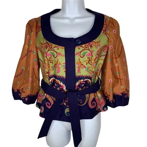 Elevenses Jacket 4 Anthro Blazer Linen Balloon Sleeve Paisley Floral Lined BOHO  - Picture 1 of 7