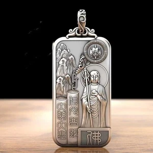 Men's Buddhist Amulet Silver Plated Buddha Necklace Pendant Jewelry with Chain - Picture 1 of 4