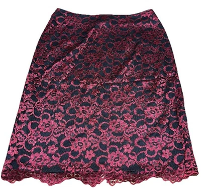 Falda de encaje satinado negra y borgoña vintage Bentley Arbuckle caprichosa para mujer 6” Foto 1 de 4