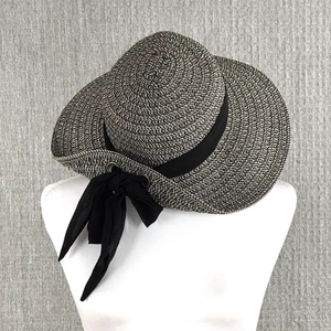 Nine West Womens Hat Wide Brim Straw Black Tan Bow Packable One Size Dressy - Picture 1 of 15