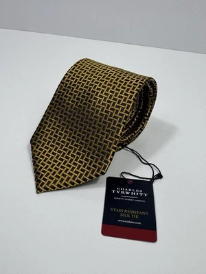 "Corbata de seda Charles Tyrwhitt para hombre celosía dorada azul nueva con etiquetas 58"" X 3,25"" moderna" Foto 1 de 4