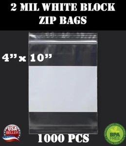 1000 4"x 10" Zip Seal Reclosable 2Mil Plastic Top Lock Bags White Block Jewelry - Picture 1 of 6