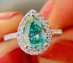 10X7 MM 2.69 TCW Pear Cut Cyan Blue Color Moissanite Engagement Ring - Picture 1 of 7