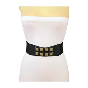 Women Black Faux Leather Elastic Band Belt Gold Metal Mini Squares Buckle S M - Picture 1 of 24