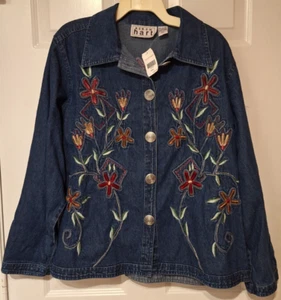 Chaqueta vaquera Keren Hart abotonada para mujer talla 2XL denim bordada floral nueva con etiquetas - Imagen 1 de 6