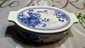 Graces Pantry Oval Blue & White Floral Butterfly Lidded Casserole Baker Server - Picture 1 of 24
