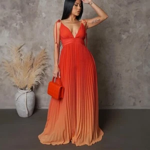 The Sang Women's Size Medium Red & Orange Gradient Ombre Pleated Maxi Dress NWT - Picture 1 of 18