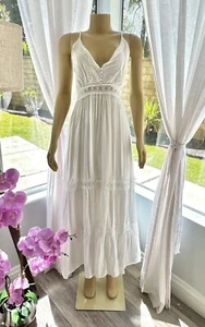 Lulus Light Breeze White Striped Crochet Lace Tiered Maxi Dress Size S Small - Picture 1 of 16