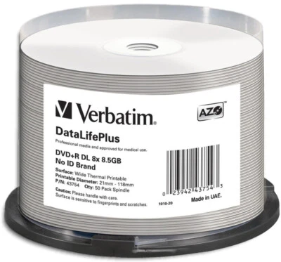 50-Pak VERBATIM 8X White THERMAL Hub 8.5GB DOUBLE LAYER 2P DL DVD+R's, #43754 - Image 1 of 2