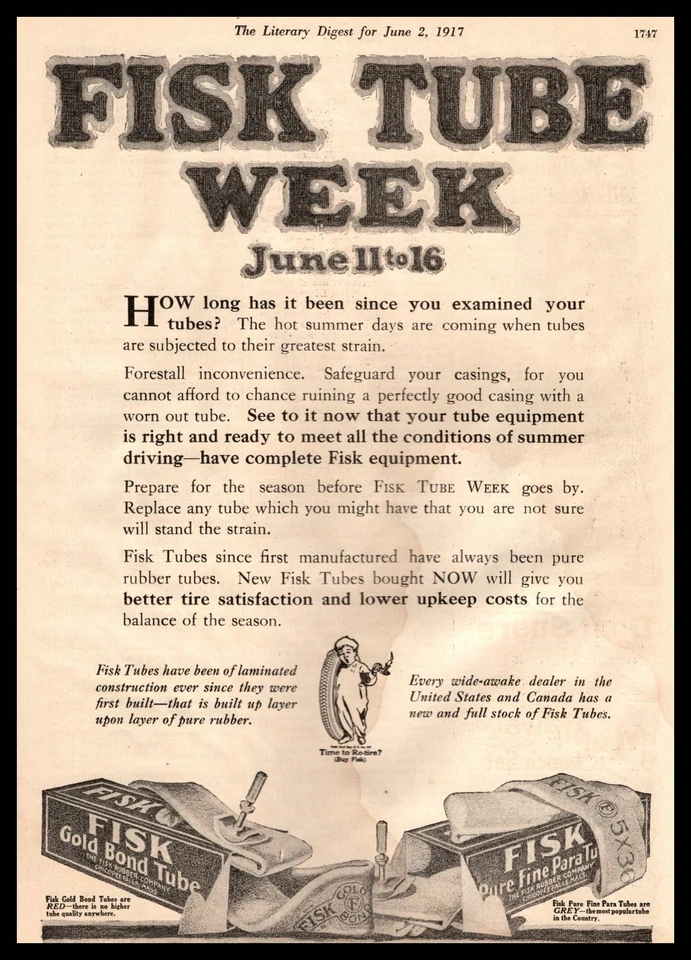 1917 Fisk Tubes Chicopee Falls MA Gold Bond & Pure Fine Para Tube Week Print Ad - Image 1 of 1
