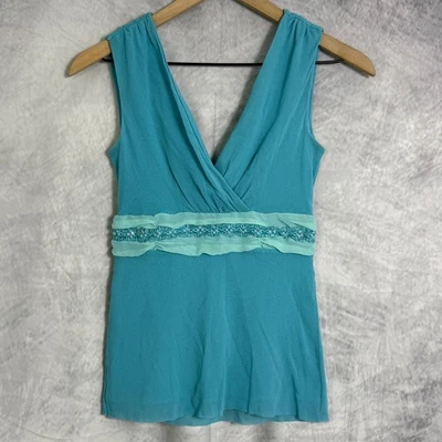 Vtg Y2K Weston Wear mesh Babydoll Top sz S Beaded Fairycore teal empire waist - Image 1 of 4