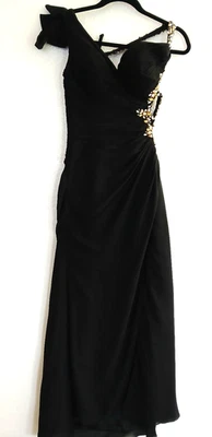 Alyce Design Black Gown Rhinestone Straps Front Slit Bow Chiffon Size 6 - Image 1 of 4