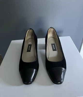 VTG  Bally Black Suede Leather Combo Campanula Cap Toe Pump Low Block Heel Sz 37 - Image 1 of 4