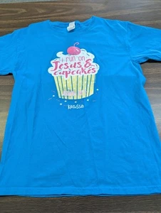 Jesus And Cupcakes Child Large T Shirt Blue Christian Kids Isaiah 26:4 Bible - Picture 1 of 3