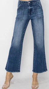 RISEN High Rise Ankle Flare Jeans Womens Plus Size 2XL (36) Dark Wash Stretch - Picture 1 of 18