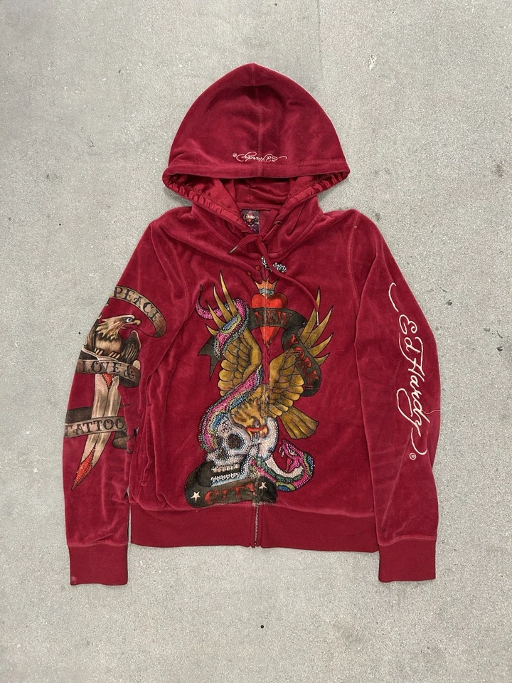 Sudadera con Capucha Vintage Años 00 Ed Hardy Terciopelo Y Seda Interior Deslumbrante Cremallera Talla M Foto 1 de 4