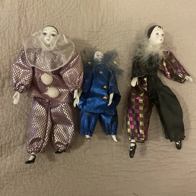 Vintage Harlequin Clown Mardi Gras Jester Porcelain Dolls Lot Of 3 1980s - Image 1 of 4
