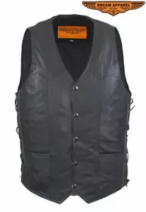 Men's Motorcycle Leather Vest Buttoned Closure Multi-Panel Back with Side Laces - Picture 1 of 6