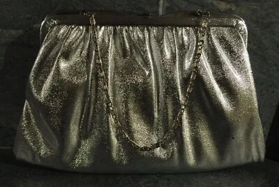 50s 60s Vintage Purse Bag Silver Metallic Faux Leather Framed To Rockabilly EUC - Image 1 of 4