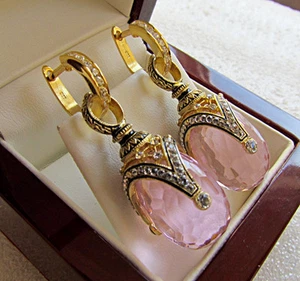 GORGEOUS MADE OF STERLING SILVER 925 & 24K GOLD EARRINGS PINK TOPAZ and ENAMEL - Picture 1 of 1