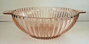 ANCHOR HOCKING PINK DEPRESSION GLASS RIBBED 8" SERVING BOWL WITH HANDLES - Picture 1 of 4