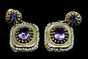 Vintage Handmade 14k Gold Amethyst Small Pearls Screw Back Earrings - Picture 1 of 7