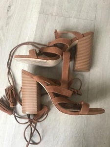 New Look Tan Suede Tassel Tie Strappy Block Heel Sandals - Size 39/6 - Picture 1 of 3