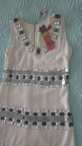 Maxi abito midi foderato in seta Tory Burch Barton avorio gioiello taglia 4 Rt. $895 nuovo con etichetta