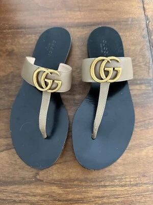Gucci Marmont EU 36.5/US 6 GG Beige Cuero Marmont Tanga Sandalias Mujer’s Foto 1 de 4