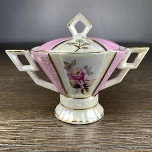 Vintage Lipper & Mann Pink Iridescent Porcelain Sugar Bowl with Lid Japan Floral - Picture 1 of 10