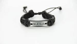 Christian Religious Cross Plate Jesus Genuine Leather Unisex Bracelet - Picture 1 of 9