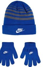 Nike 2 Piece Set Beanie Hat/Gloves Blue/Red/White Line Youth Kid Size