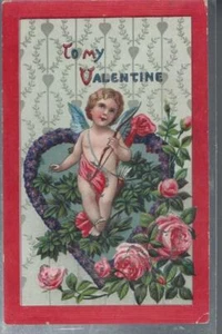 Postcard To My Valentine nude Cupid in Wreath of Violets with roses glitter #398 - Picture 1 of 2