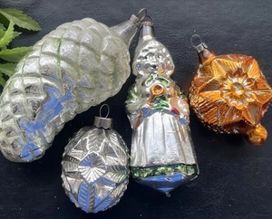 Vintage Glass Christmas Ornament Lot~ Pinecone Woman Chef Mercury Indents - Picture 1 of 9