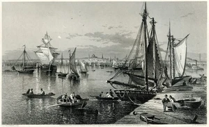 Steel Engraving CITY OF BOSTON Harbor Sailboats 1800s landscape vintage print - Picture 1 of 6